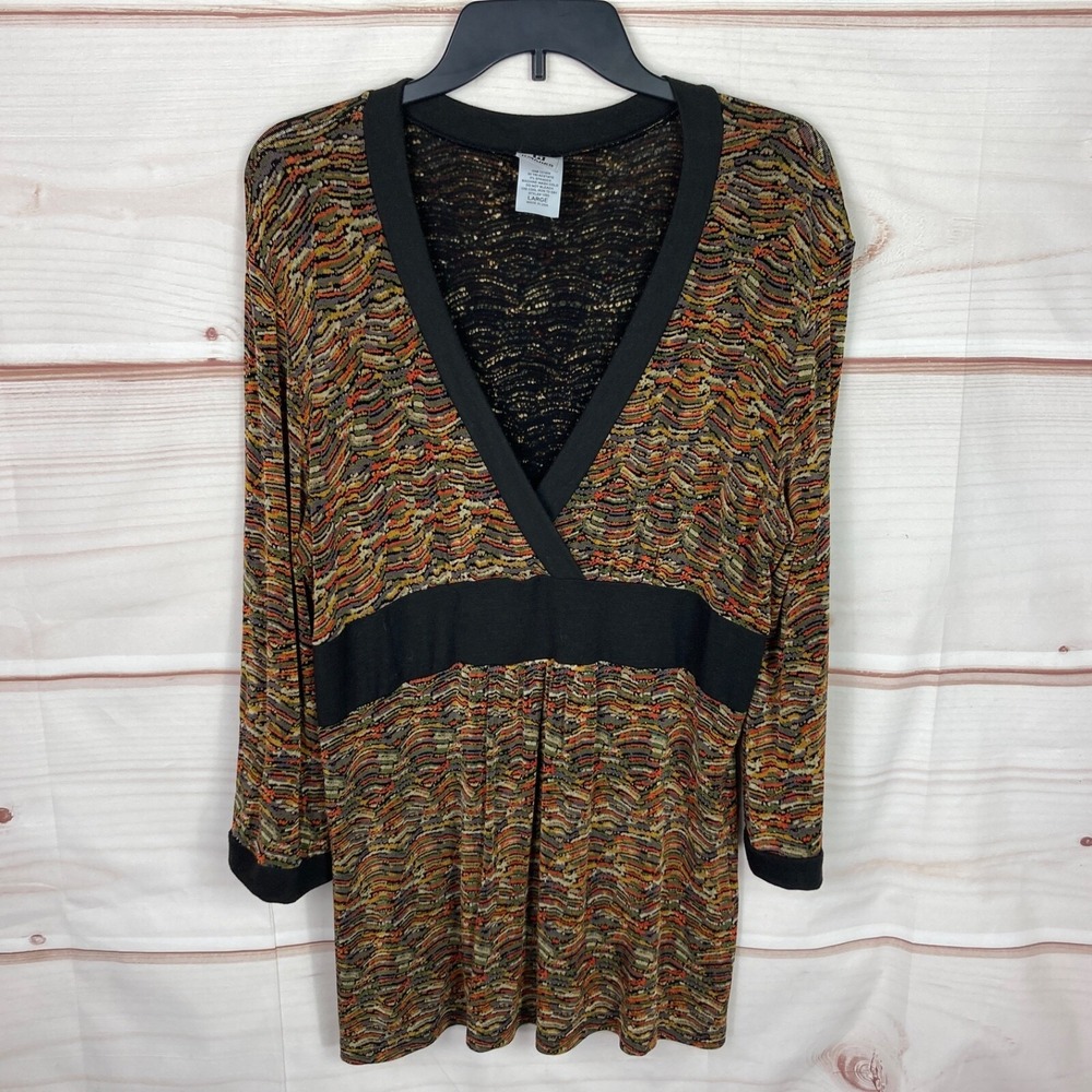 R Marks Top Womens L Multicolor Knit‎ Blouse V-Neck Empire Waist 3/4 Sleeve